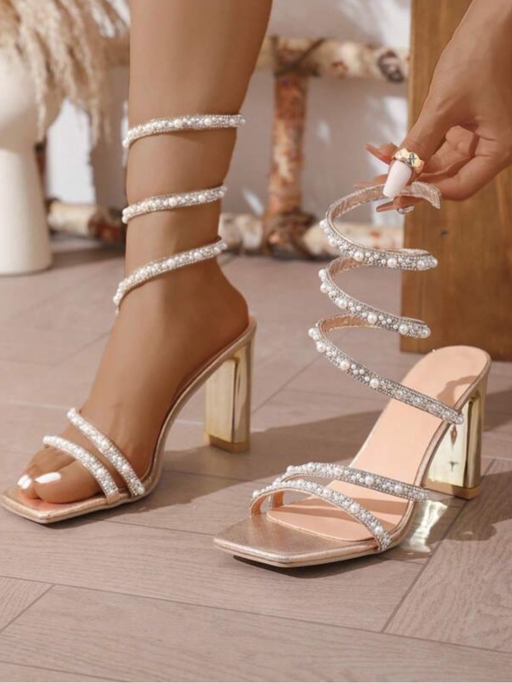 Elegant Crystal Wrap Strap Heeled Sandals in Gold